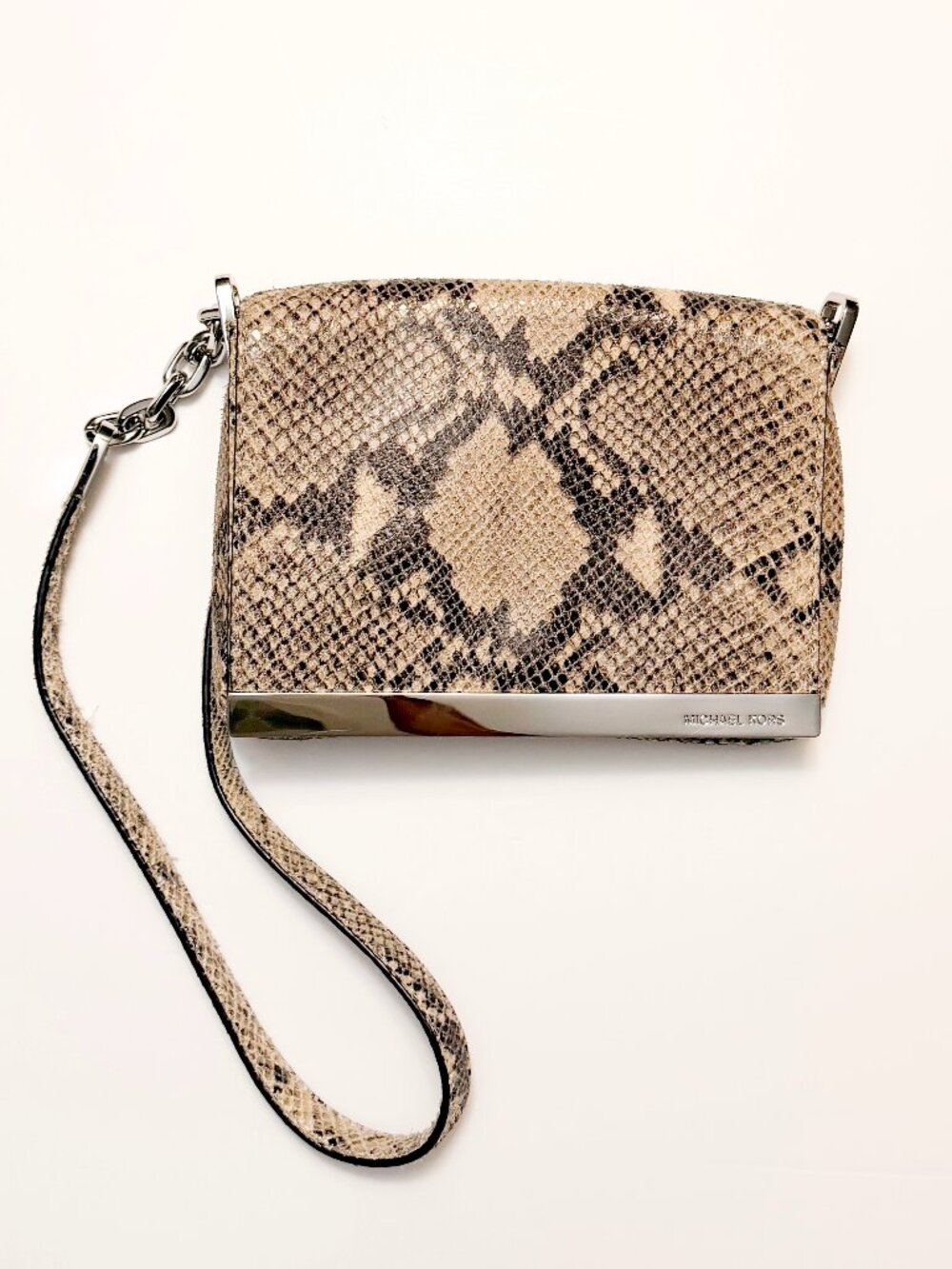 Michael Kors Neutral Snake Print Flap Crossbody Bag Silver Chain Accent